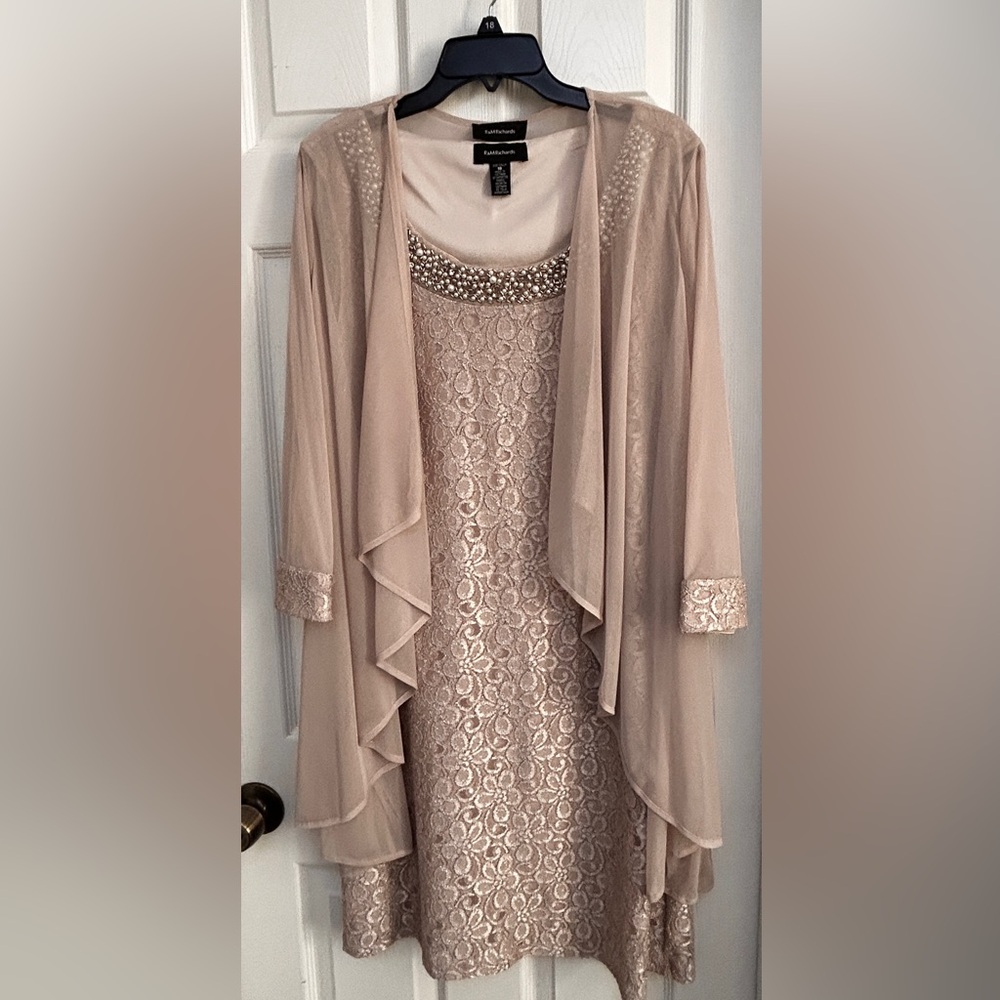 Size 18T (Tall) R&M Richards Elegant Beige Lace Dress with Sheer Overlay